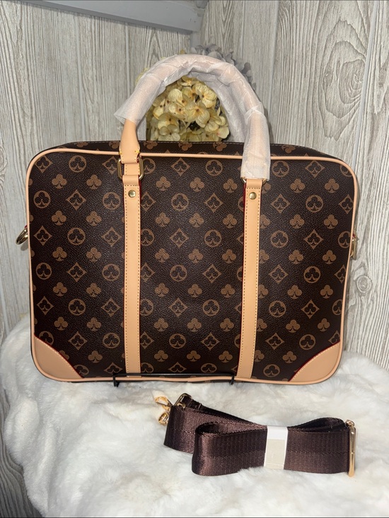 None Handbags - Dark Brown Monogram Laptop Briefcase with Tan Trim